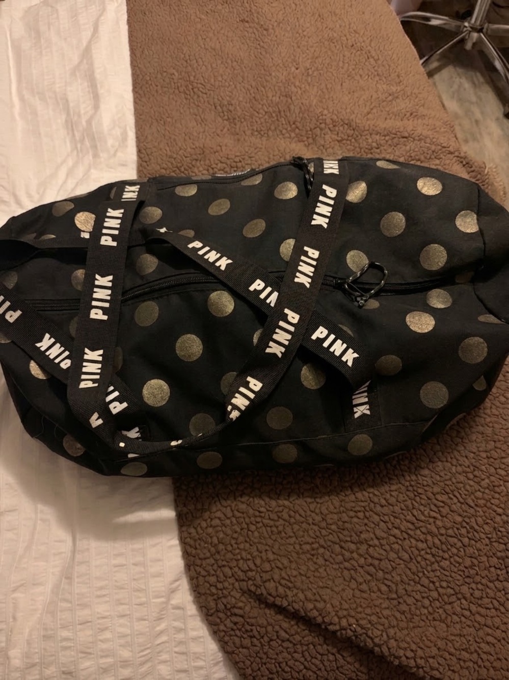 PINK Victoria's Secret Black Duffel with Gold Polka Dots and Logo Straps